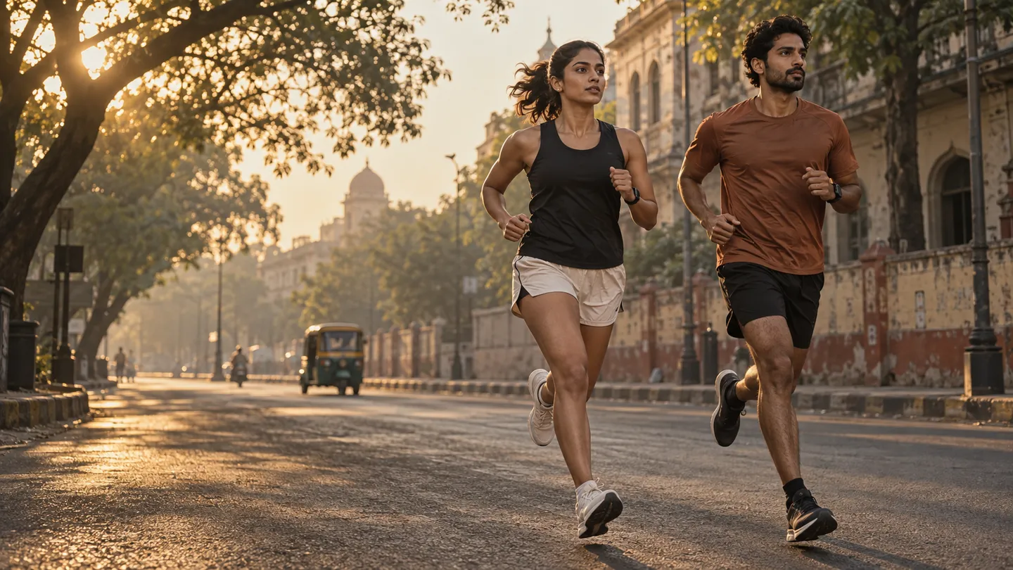 Two Indian runners on a quiet city street at sunrise